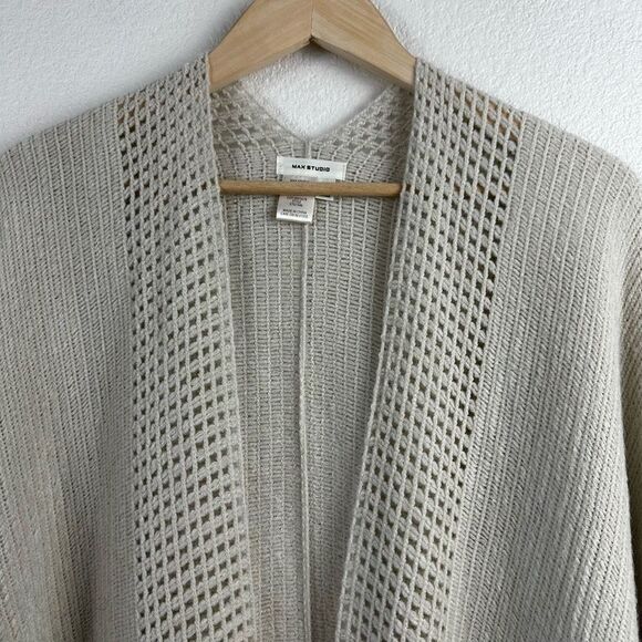Max Studio Womens Open Front Oversized Wrap Sweater Beige Knit Fringe Lagenlook - Picture 3 of 7